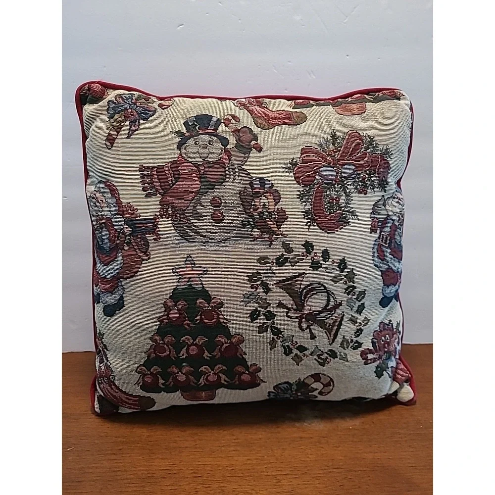 VTG Embroidered Christmas Tapestry Pillow 15x15‎ Snowman Santa Christmas Tree